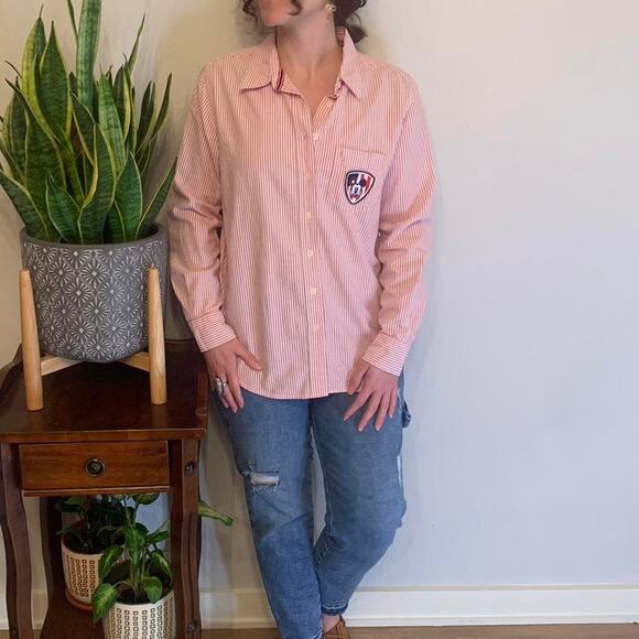 Disney Mini Mouse Long Sleeve Button Up Striped Shirt Women's Medium Red White - Picture 1 of 4